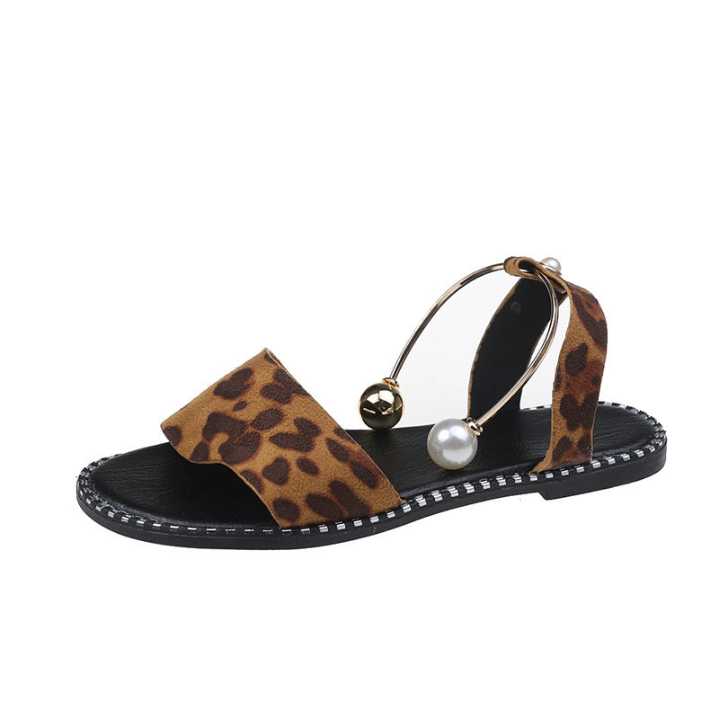 Metal Foot Ring, Pearl And Leopard Print Sandals And Slippers