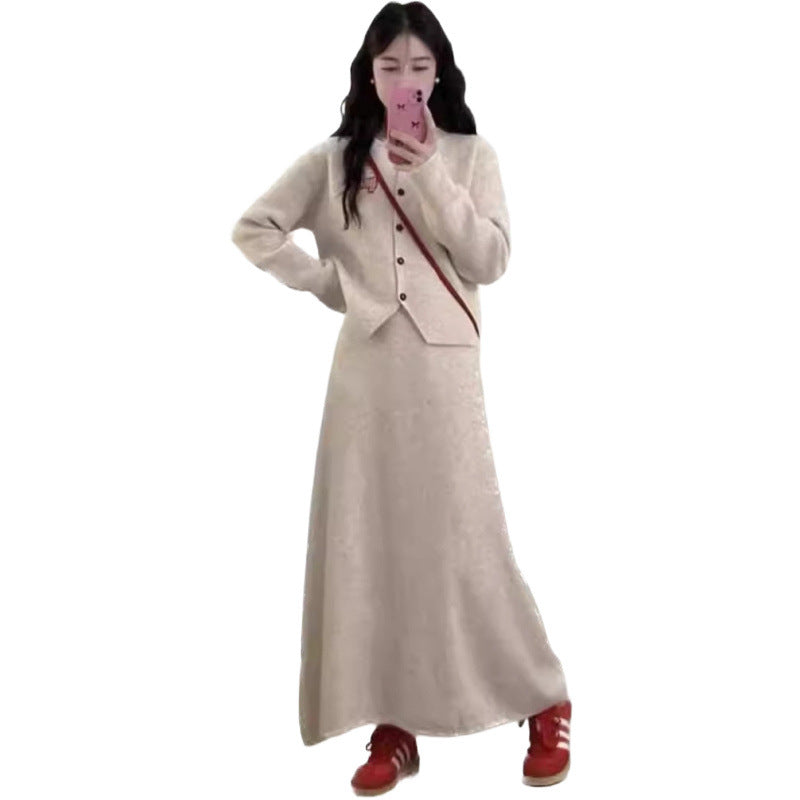 Spring Autumn New Stylish Commuter Slim Knit Cardigan And Long Skirt Two-Piece Set