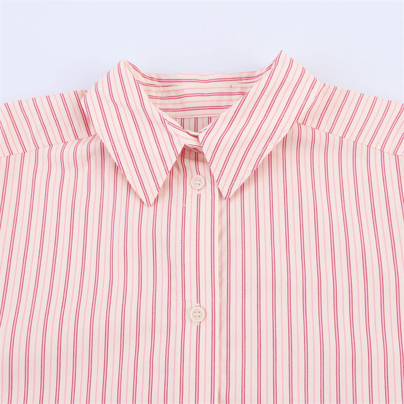 Oumeitong Diligent Style Loose All-matching Striped Lapel Long Sleeve Shirt