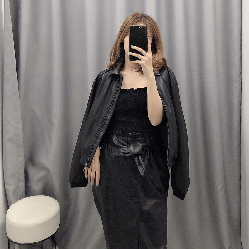 European And American Style Women's PU Lapel Top Short Faux Leather Jacket