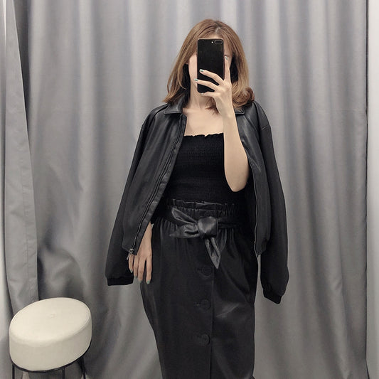 European And American Style Women's PU Lapel Top Short Faux Leather Jacket