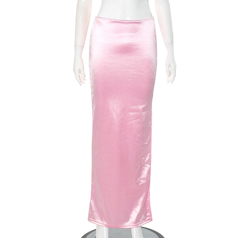 Summer European And American Draping Satin Multicolor Mid-length High Waist Sheath Skirt