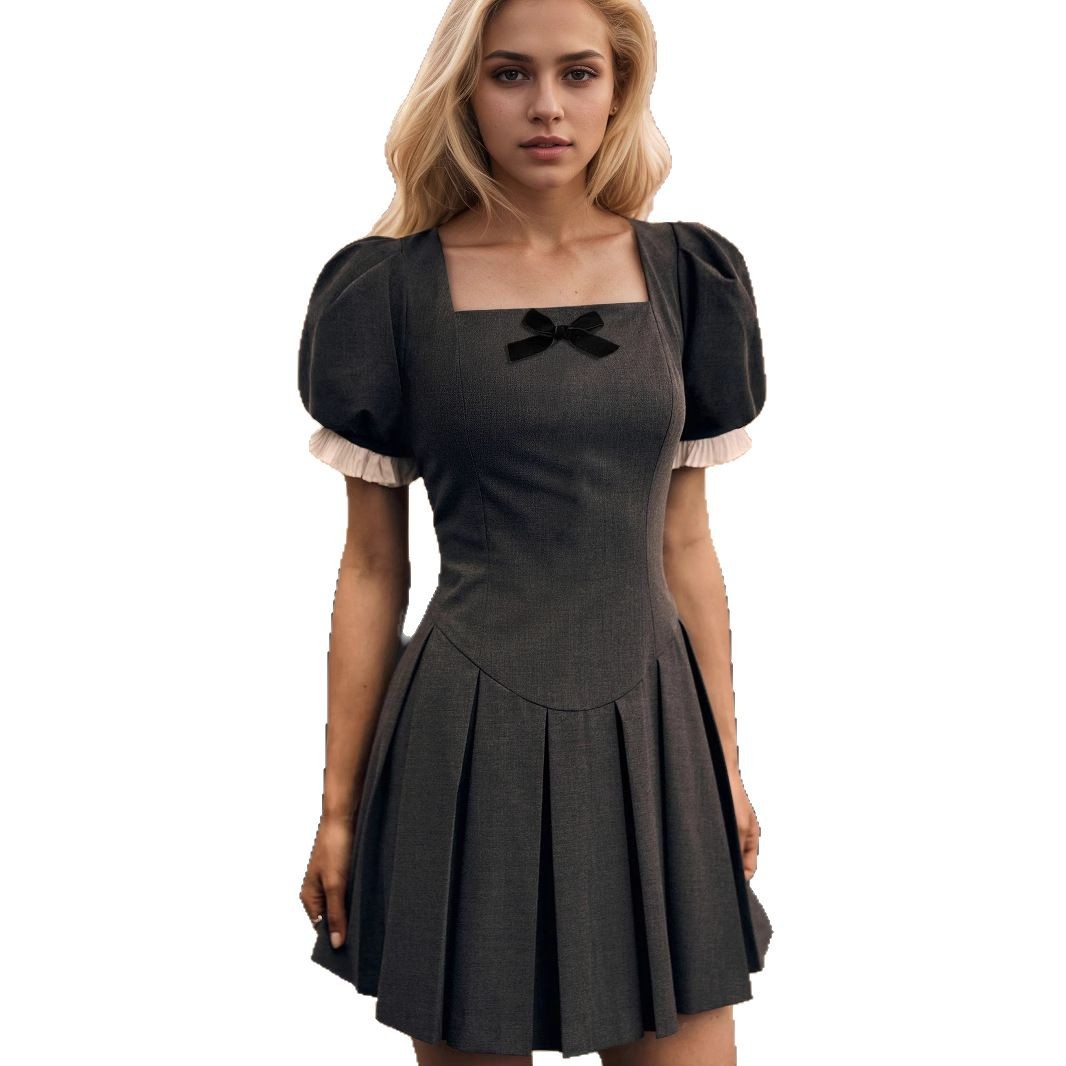 Womens Solid-Color French Square-Neck Slim-Fit Short-Sleeve Dress
