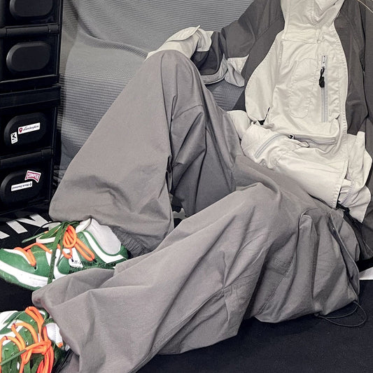 Amerikansk Street Style Plisserede Arbejdsbukser med Store Lommer og Vide Ben