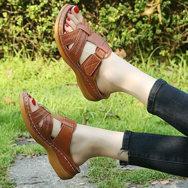 Women's Hollow Peep Toe Wedge Velcro Sandals