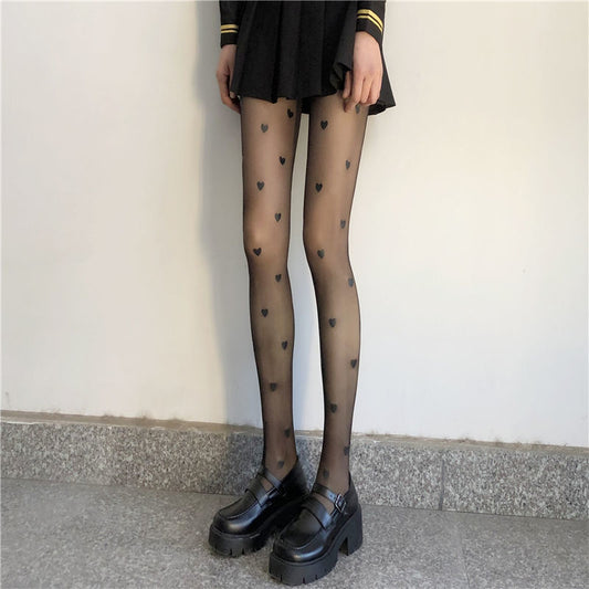 Summer Thin Black Love Print Stockings