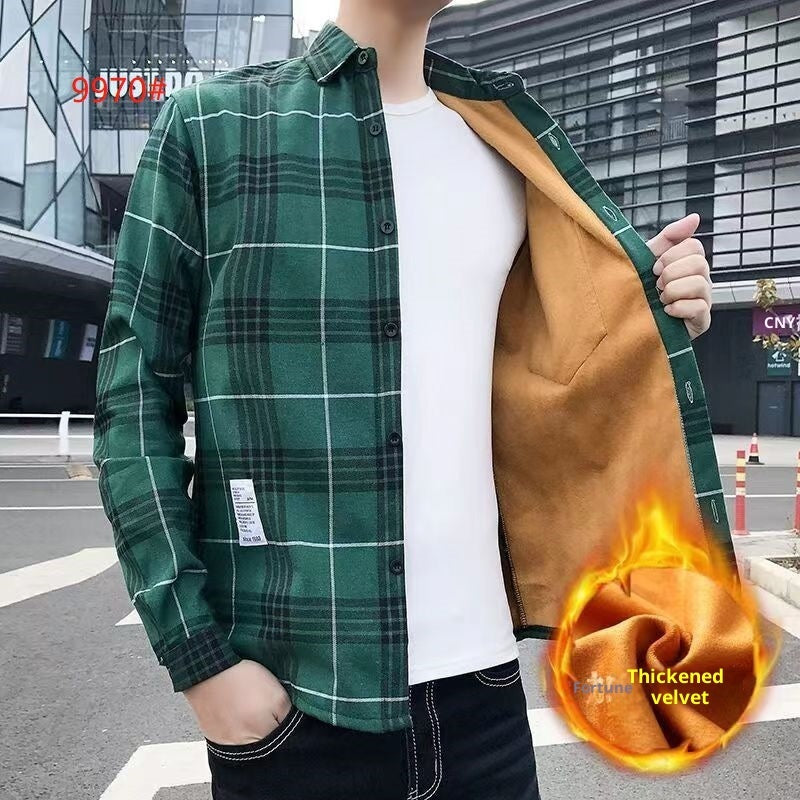 Fleece-lined Thickened Winter Men's Plaid Long-sleeve Shirt