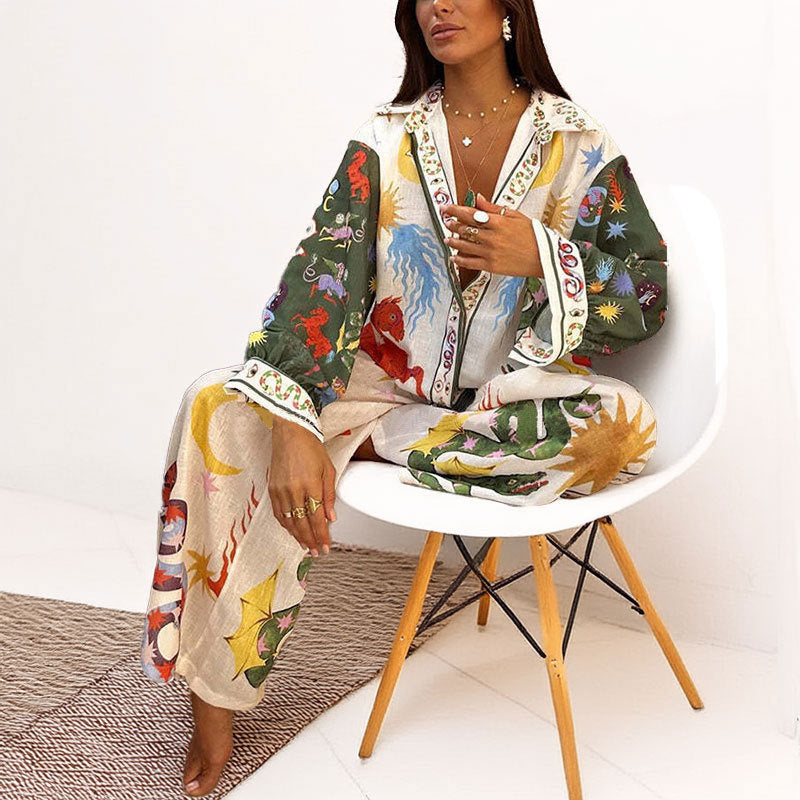 Womens Fashion Printed Color-block Top And Pants Set