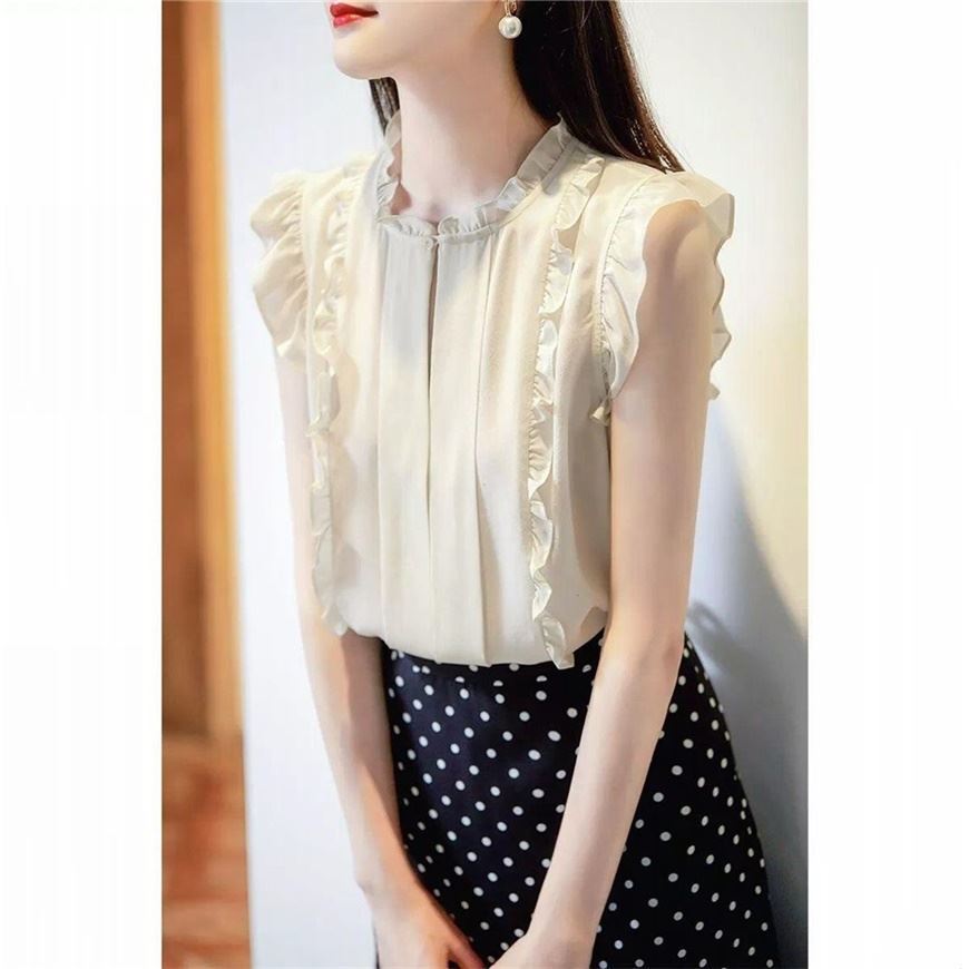 Sleeveless Ruffled Floral Women's Loose Sweet Chiffon Printed Top