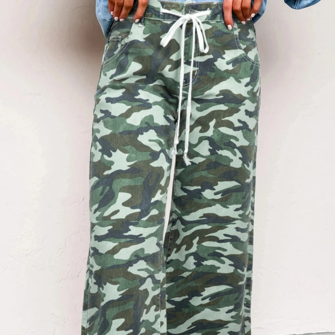 Green Camouflage Print Wide Leg Drawstring Denim Pants
