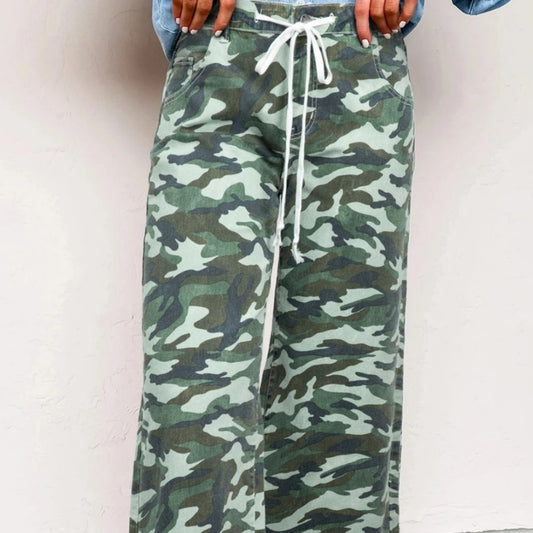 Green Camouflage Print Wide Leg Drawstring Denim Pants