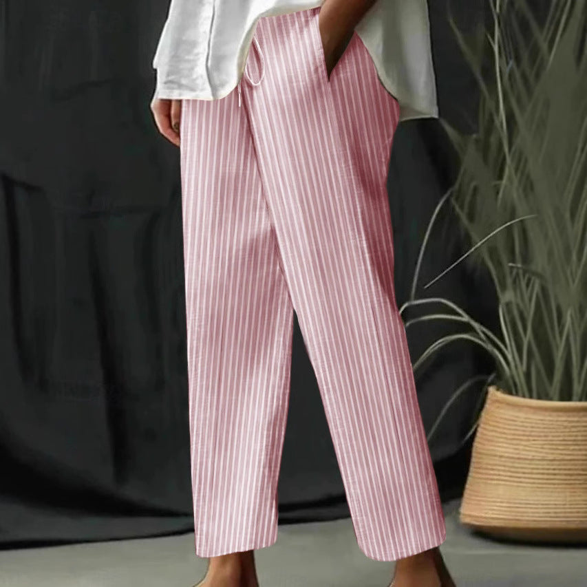 Casual Homewear Pants New Striped Solid Color Cotton And Linen Loose Trousers