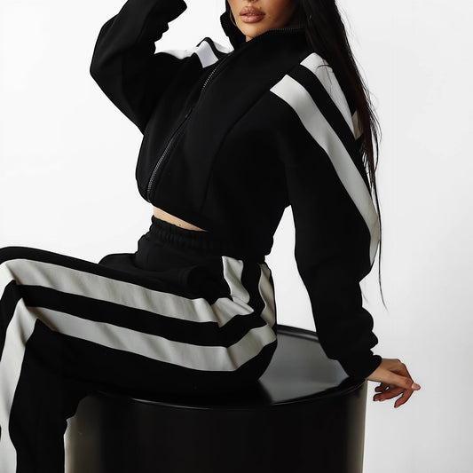 Stitching And Brushed High Waist Casual Straight Trousers Ladies Two-piece Set
