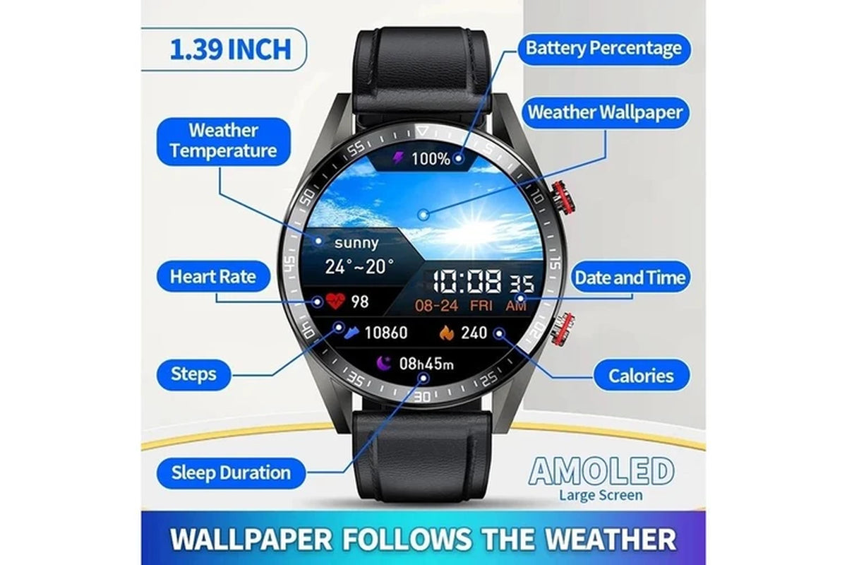 454*454 AMOLED Screen Smart Watch Always Display the Time Bluetooth Call Local Music Smartwatch for Men Android TWS Earphones - Mesh Belt Silver