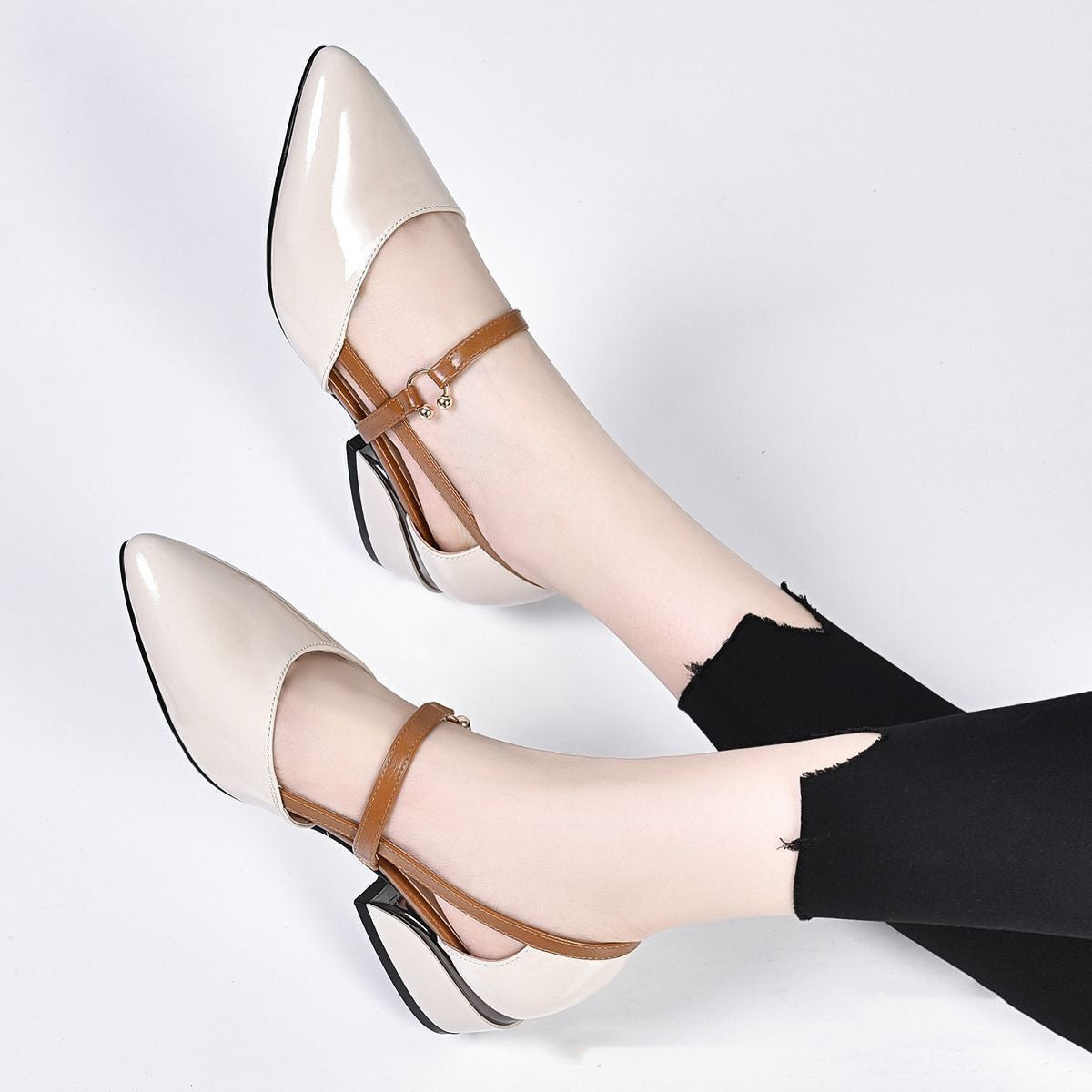 Women's Hollow Toe Block Heel Patent Leather Sandals