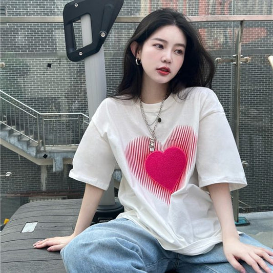 Womens Loose Korean-style Mid-length Short-sleeve Top