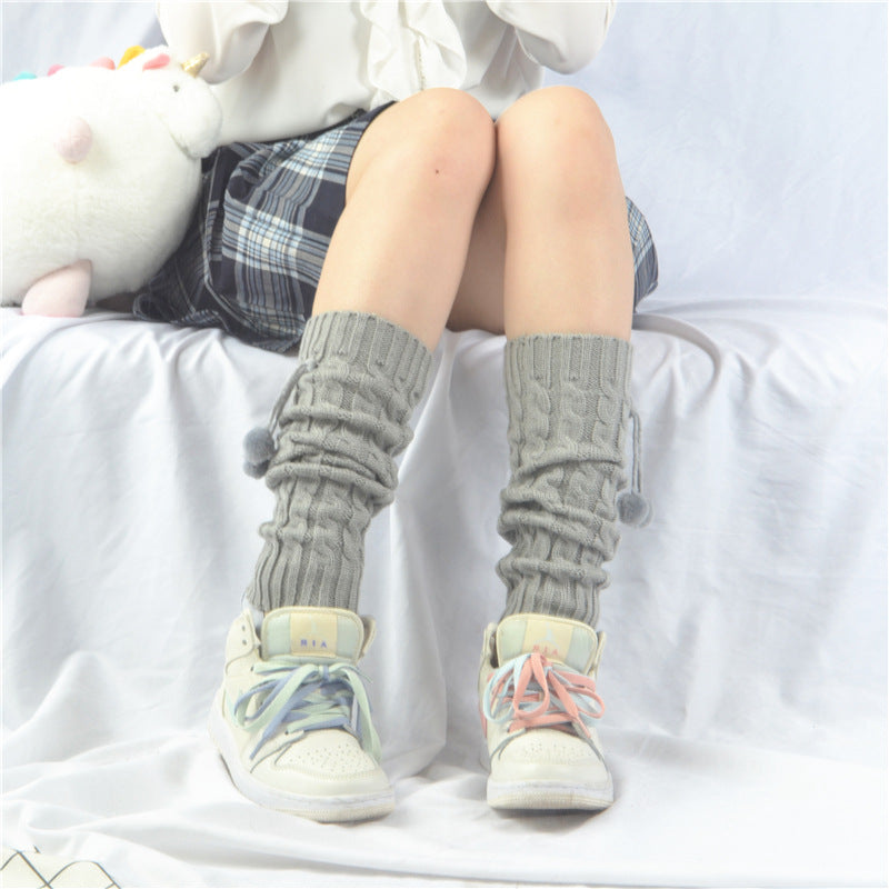 Women's Korean Style Knee Pad Fur Ball Knitted Socks