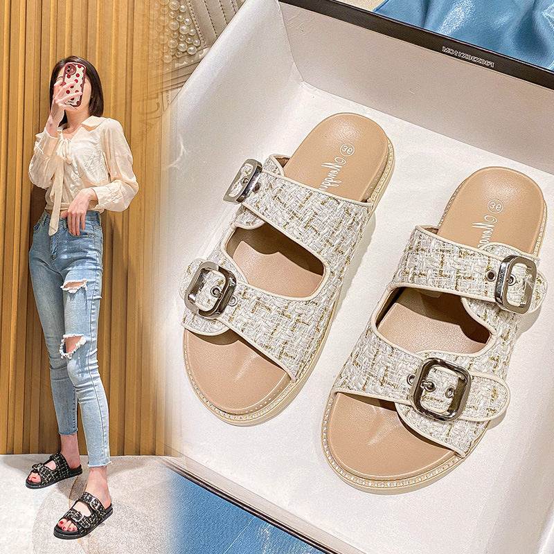 Women's Thick Bottom Rhinestone Square Buckle Toe Slippers