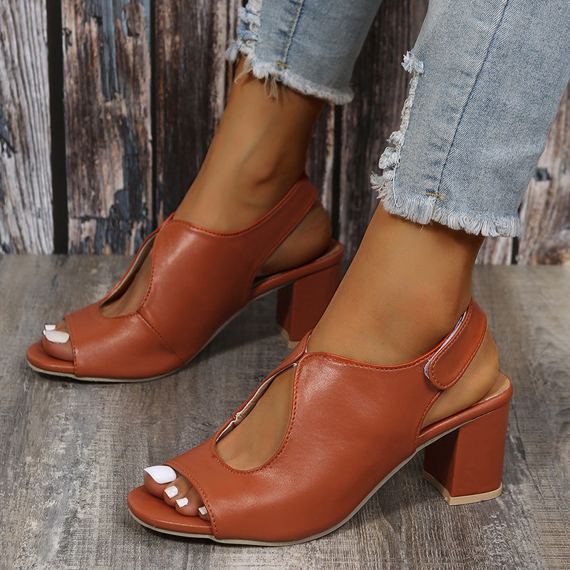 Leather Shoes Deep Cut Middle Heel Hollow Out Sandals Women's Shoes