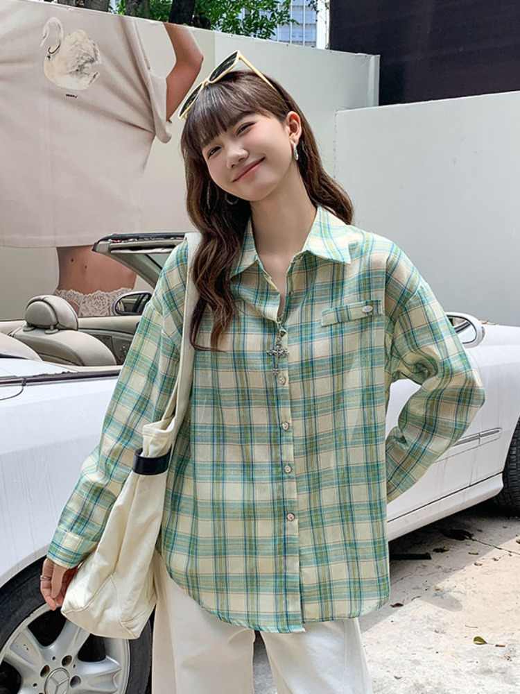 Green Plaid Sunscreen Shirt Coat Female Loose Long Sleeve Top
