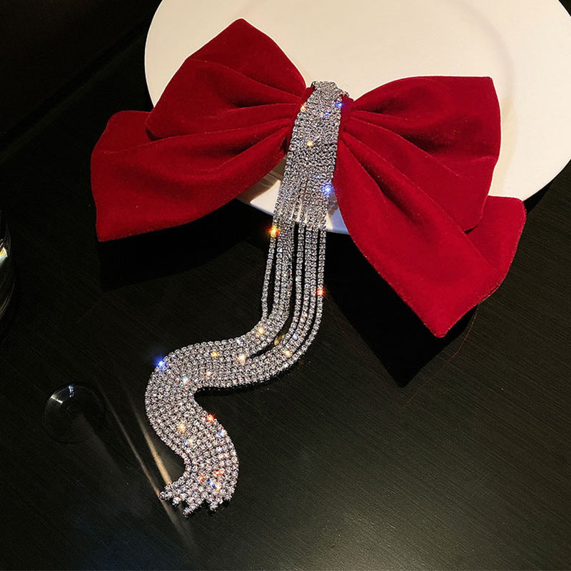 Red Bow Encrusted Tassel Hairpin Back Head Spring Top Clip
