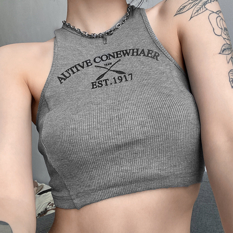 Women's Solid Color Crop Neck Print Sleeveless Vest Female