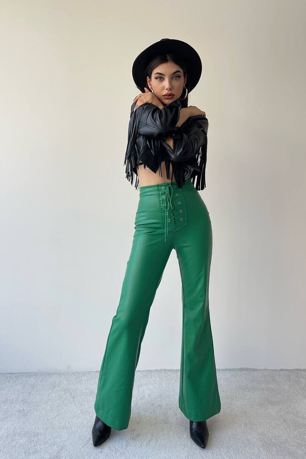 Women's Leather High Waist Stretch Metal Hole Lace-up Pants