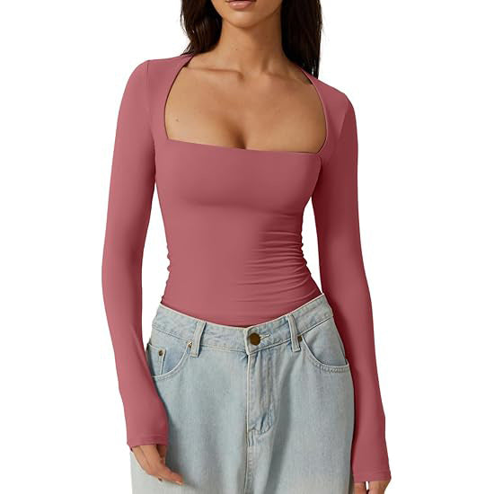 Women's Square Neck Autumn Top Long Sleeve Slim Fit Pullover Milk Silk T-shirt Elegant