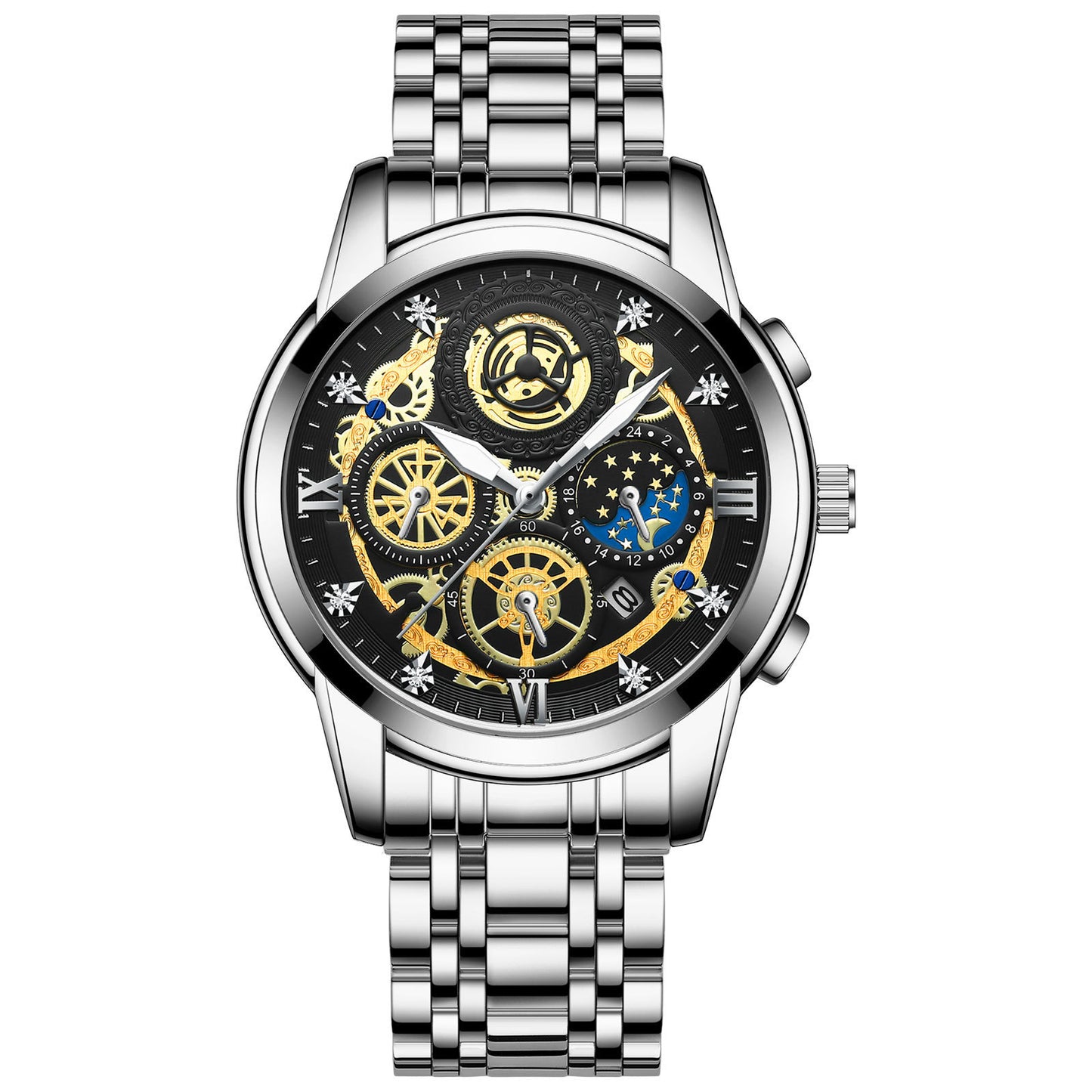 Men's Fashion Watch Hollow Flywheel Rhinestone Waterproof Sun Moon Stars