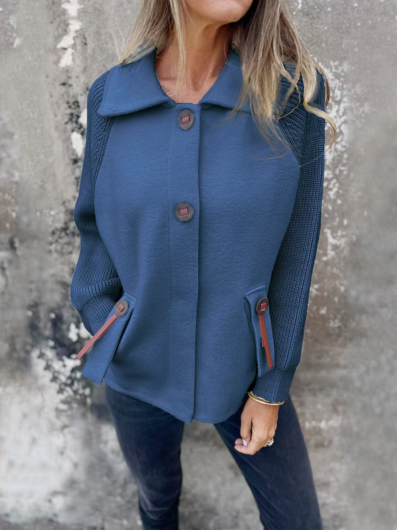 Casual Polo Collar Fashion Pocket Cuff Stitching Jacket Coat