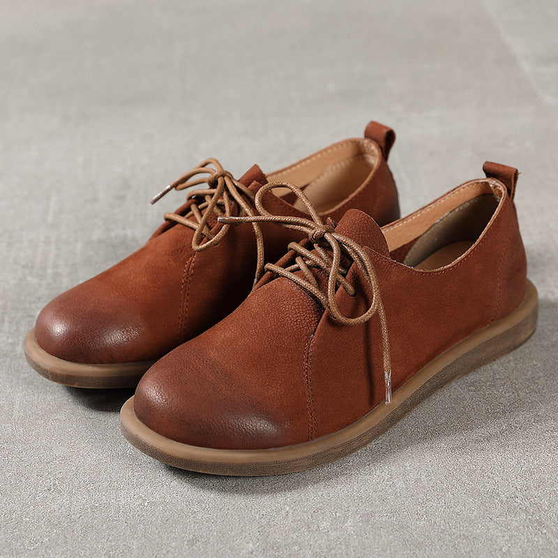 Flat Round Toe Literary Retro Lace Up Leather Shoes
