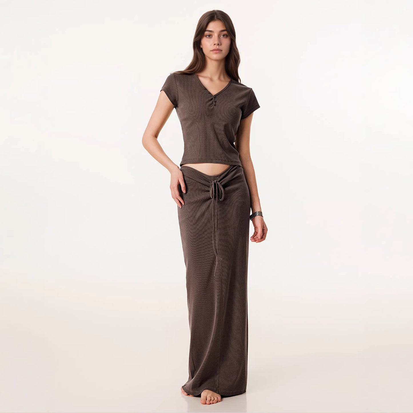 Small V-neck Drawstring Slimming Hip-hugging Skirt And V-neck Short-sleeve Top Womens New Set