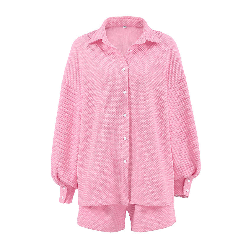 New Womens Pajama Set Pink Jacquard Shirt And Shorts Two-Piece Combo