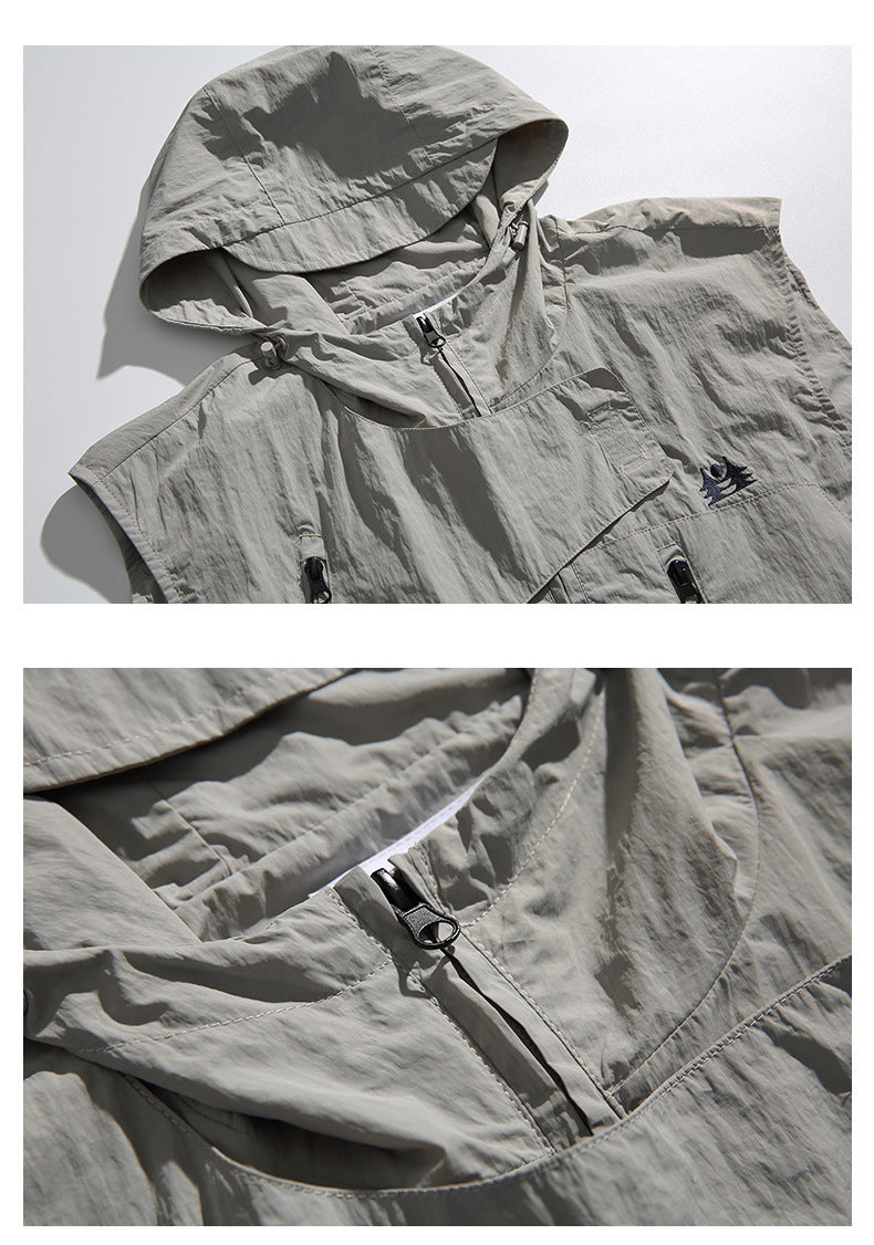 College Style Loose Hooded Windproof Fishing Vest Jacket
