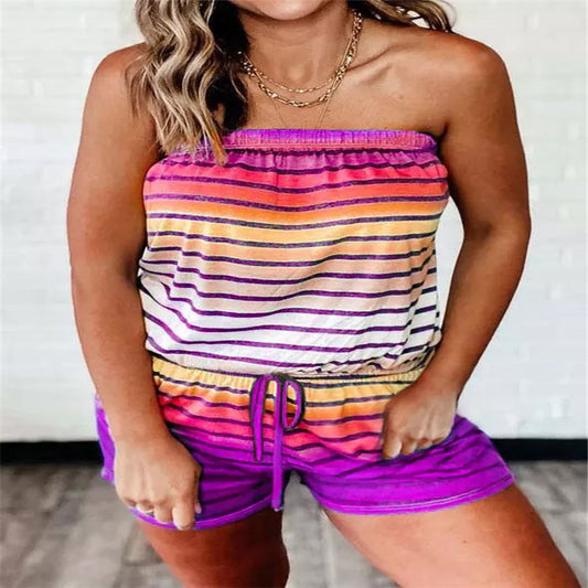 Womens Striped Printed Strapless Jumpsuit