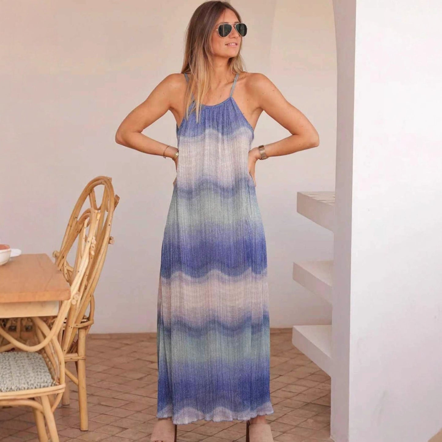 Bohemian Style Women's Strapless Gradient Tie-dye Dress Suitable For Beach And Hawaiian Casual Wear