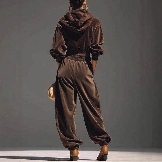 Velvet Hooded Long-sleeve With Tapered Pants Casual Set For Women