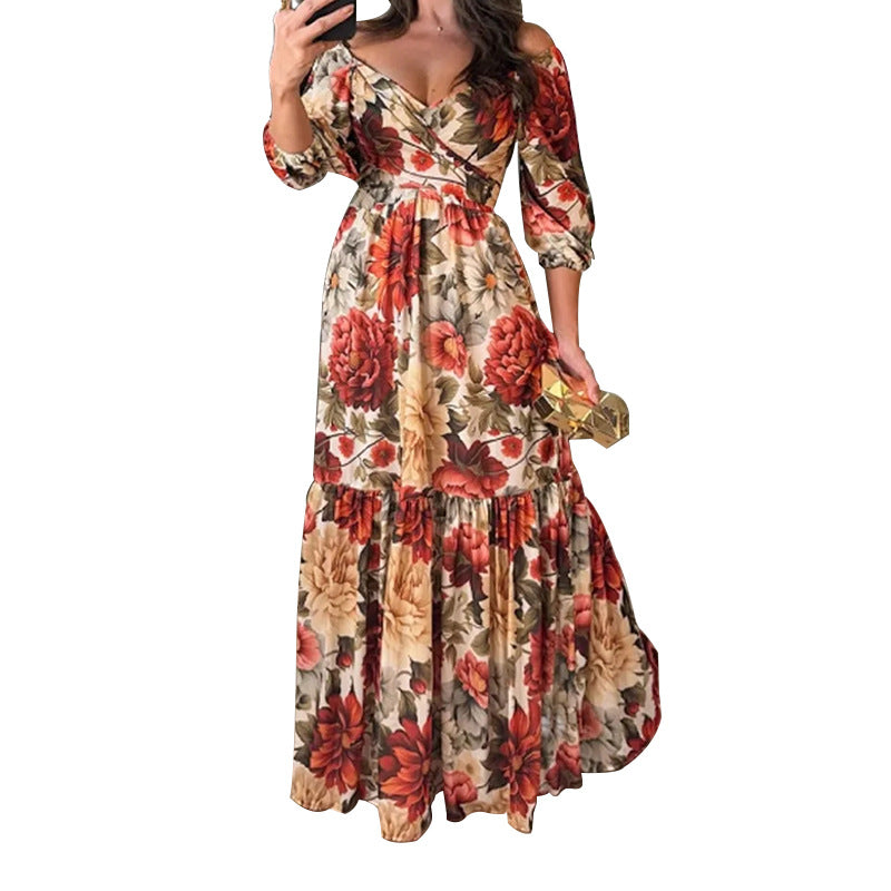 Elegant And Fashionable Womens Printed 34-sleeve V-neck Dress