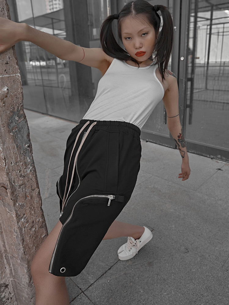 Knitted double pocket zipper short skirt