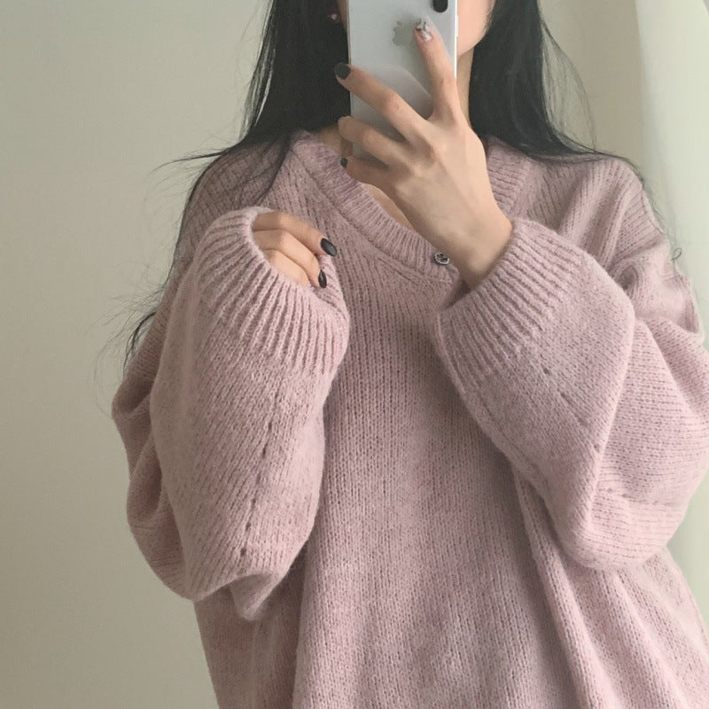 Women's V-neck Solid Color Pullover Long Sleeve Sweater