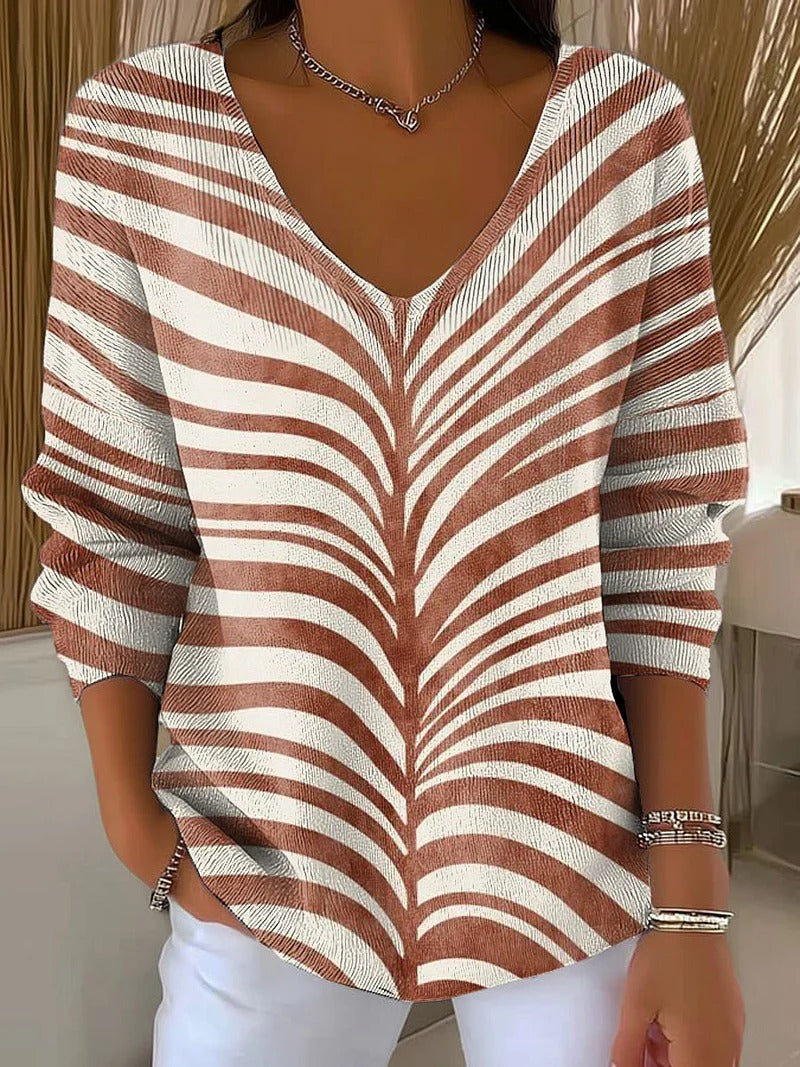 Drop Shoulder V-neck Long Sleeve Pullover 3D Digital Printing Women's Top T-shirt