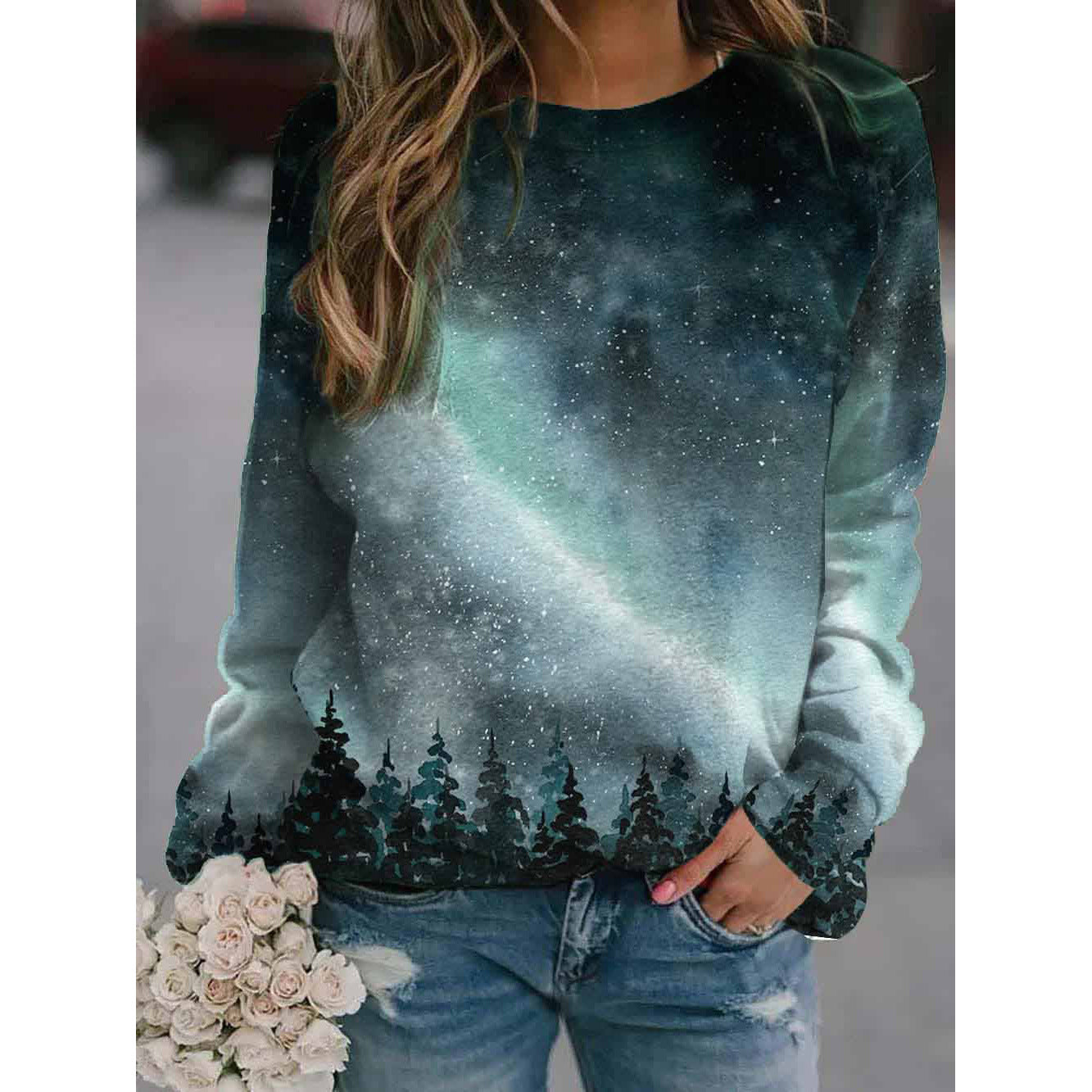 Landscape Flower Floral Print Long Sleeve Pullover