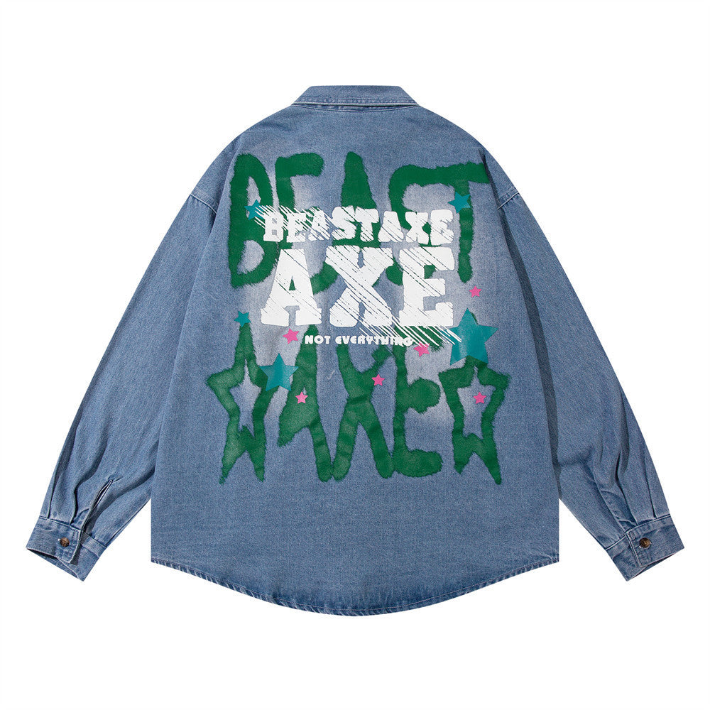 XINGX Alphabet Graffiti Print Denim Shirt Coat