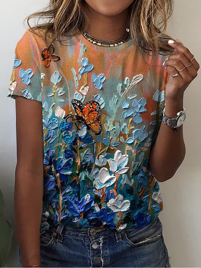 Summer Women's 3D Digital Printing Pullover Round Neck T-shirt
