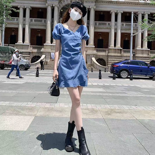 Womens Elegant French Ruffle Denim Dress