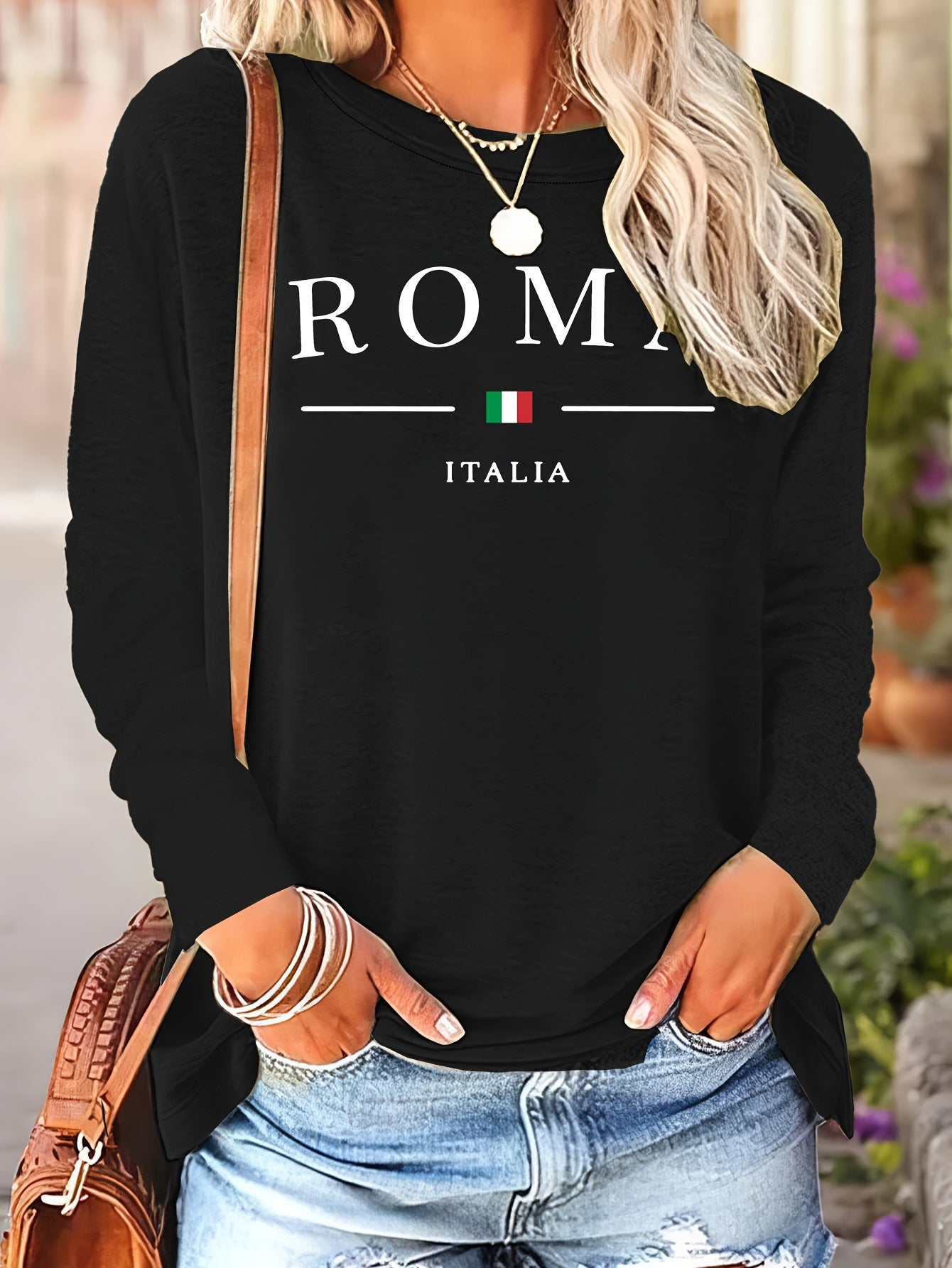 Trykt rundhals langærmet afslappet sweatshirt i plus size
