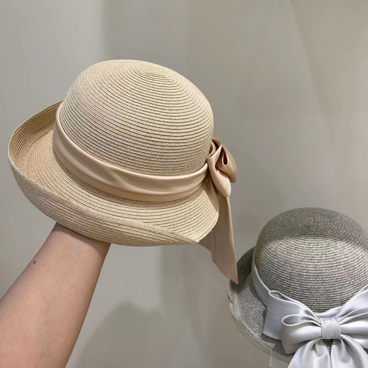 Women's Fashion Simple Large Ribbon Bow Straw Bucket Hat