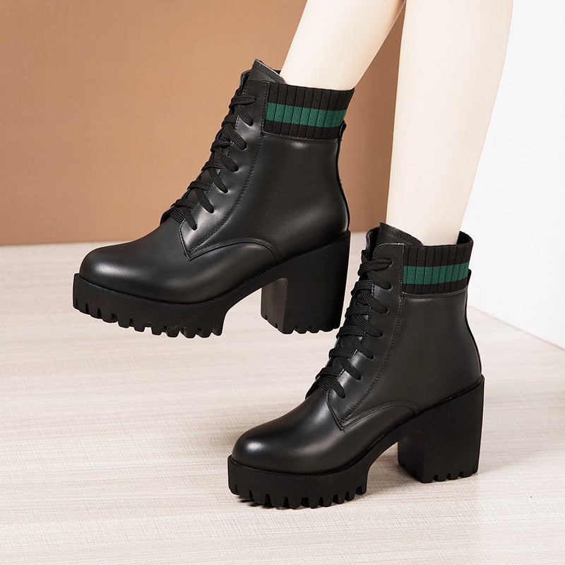 Women's Round Toe Lace Up Chunky High Heel Solid Color All-match Ankle Boots
