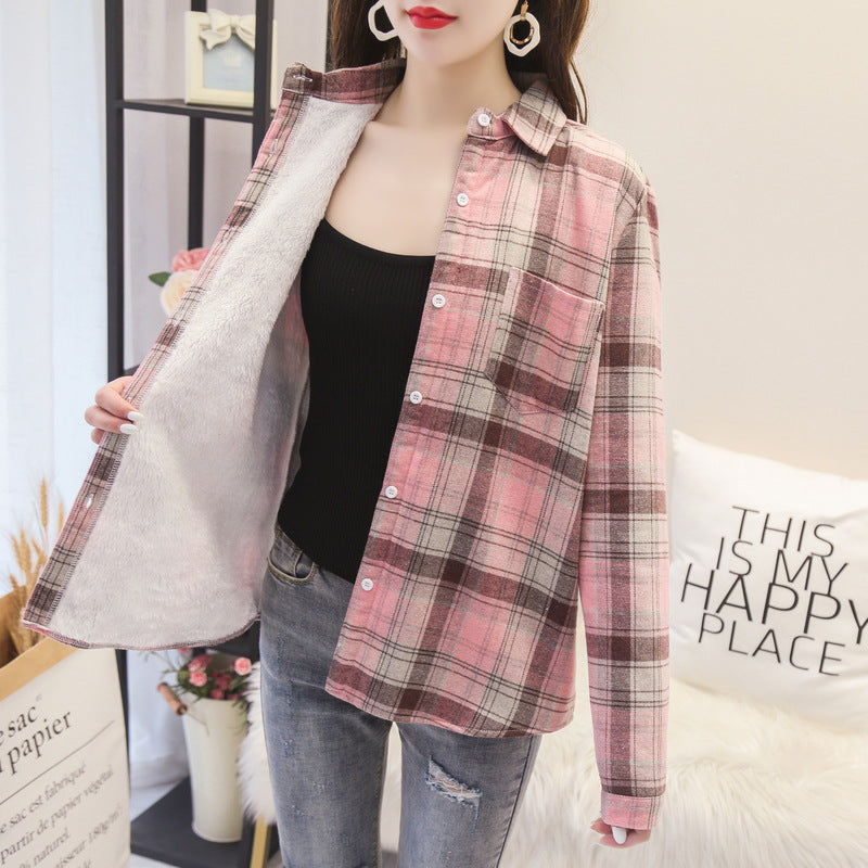 Thicken Plus Velvet Plaid Shirt Women Retro
