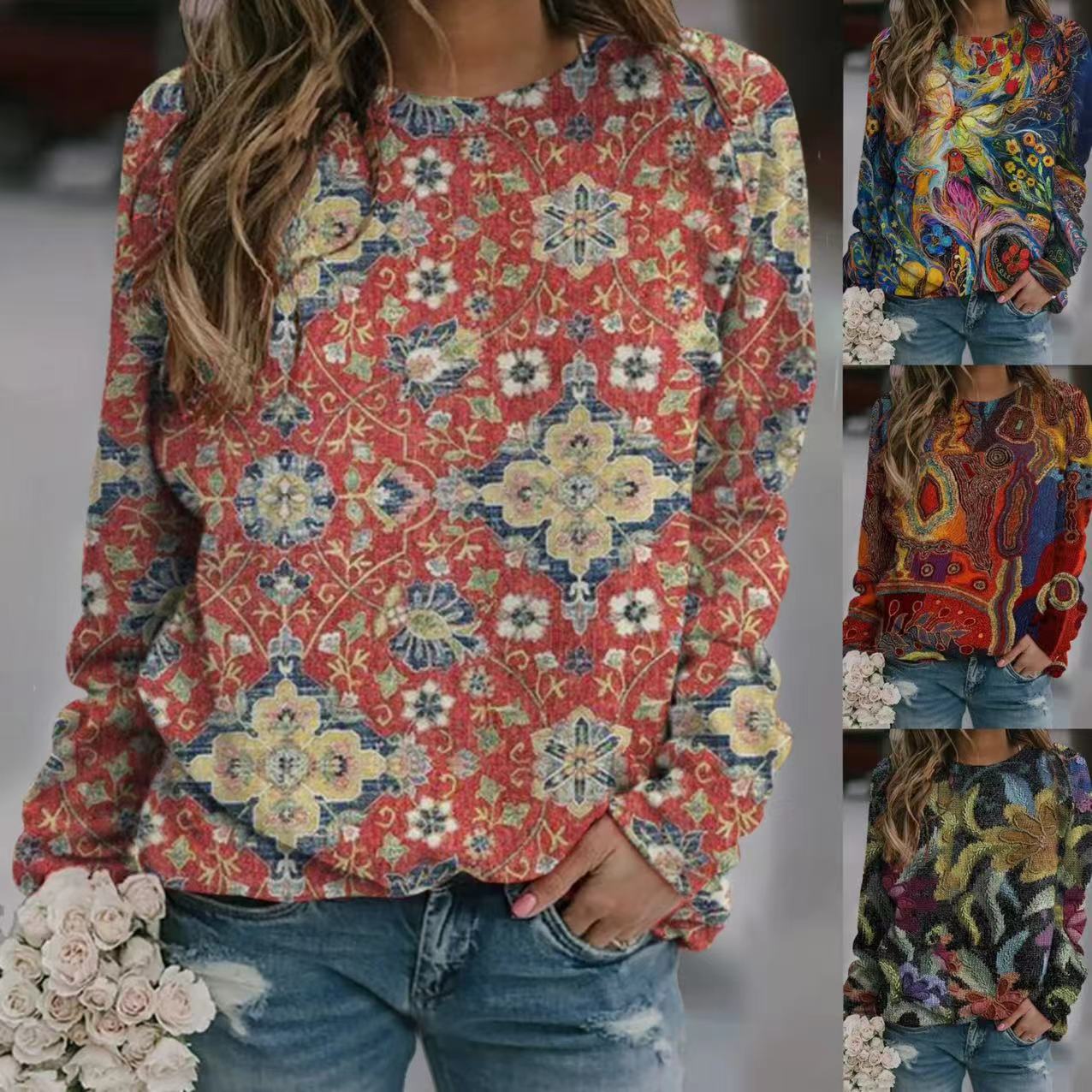 Casual Fashion Loose Ethnic Style Retro Long Sleeve Crew Neck Pullover Sweatshirt